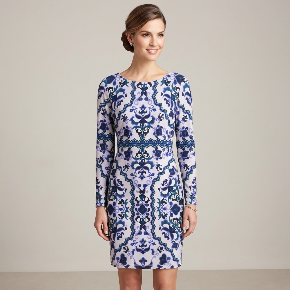 Vince Camuto Sheath Dress Womens 8 Blue White Excellent Geometric Long Sleeve